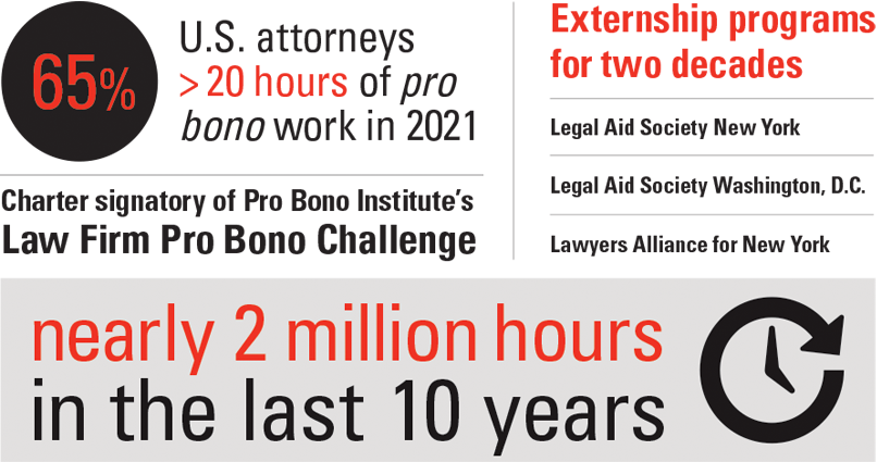 Infographic showing key statistics about Skadden's Pro Bono work. Full text description below.