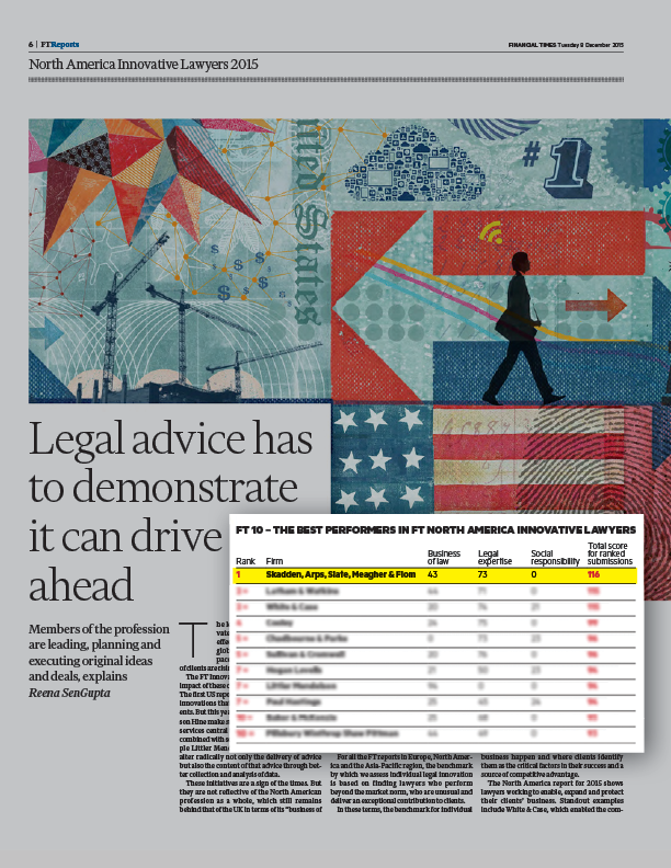 Page from the Financial Times highlighting Skadden ranked #1 in a list of 'FT 10 - The best performers in FT North America innovative lawyers'